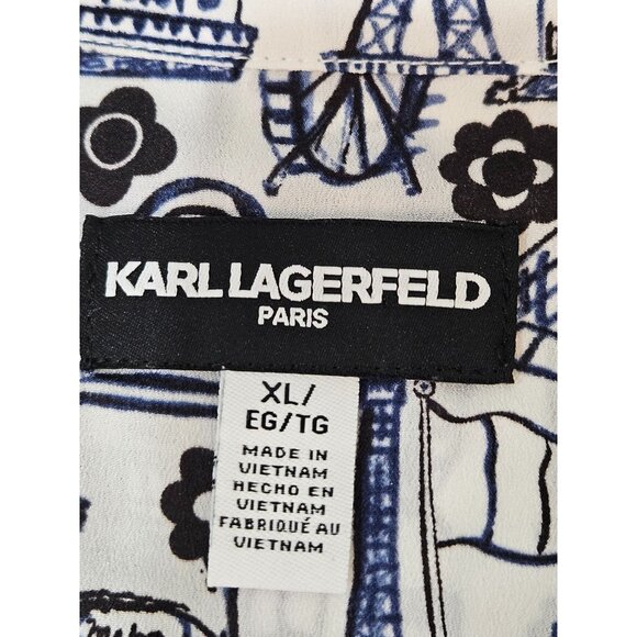 Karl Lagerfeld Shirt XL Parisian Cityscape Button-Front Long Roll Sleeve Blue - Picture 11 of 13